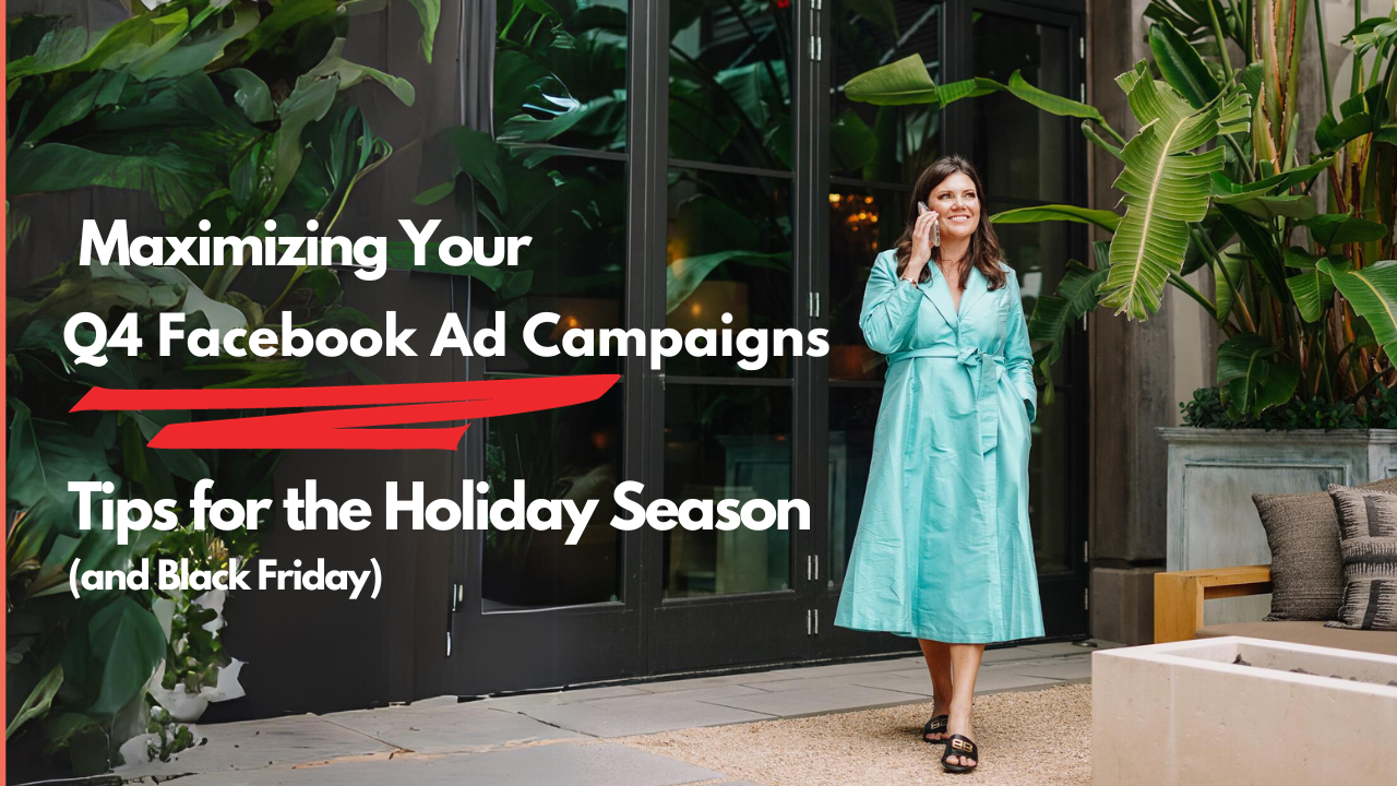 Woman on a phone in a blue dress giving Q4 ad campaign advice to her client