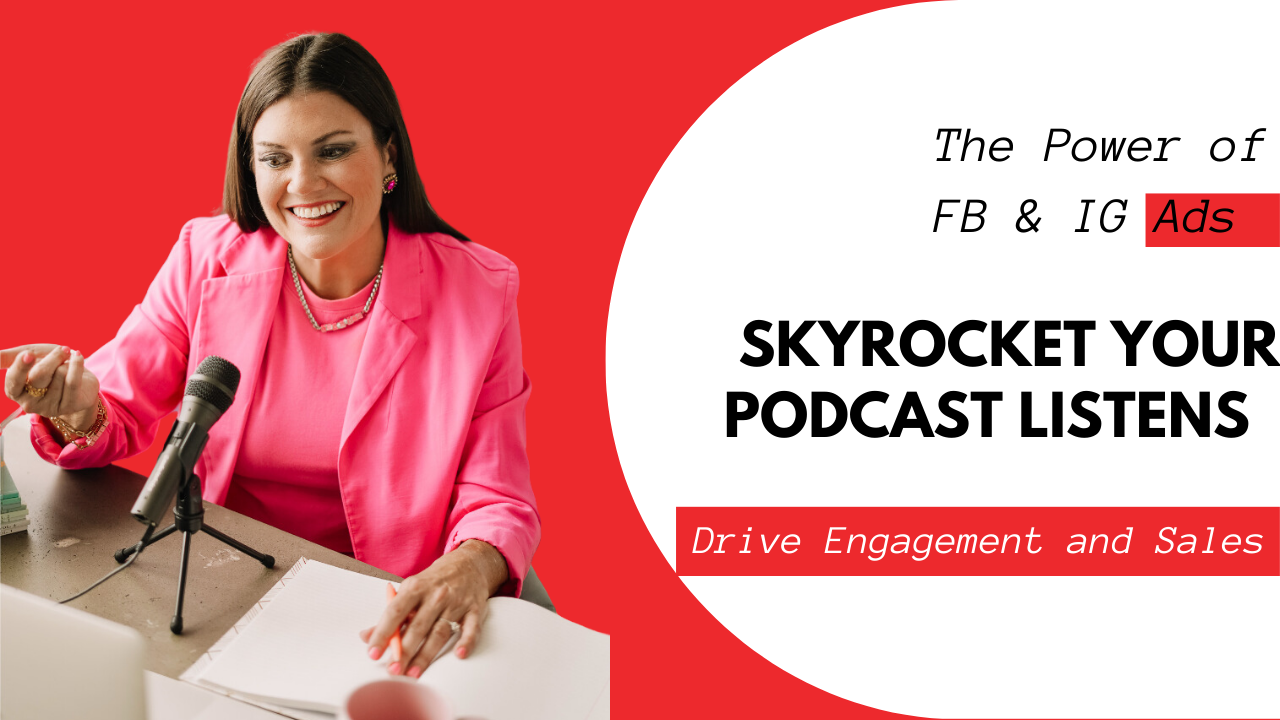 Women in Pink Coat Podcasting with the title of FB Ads blog article on page
